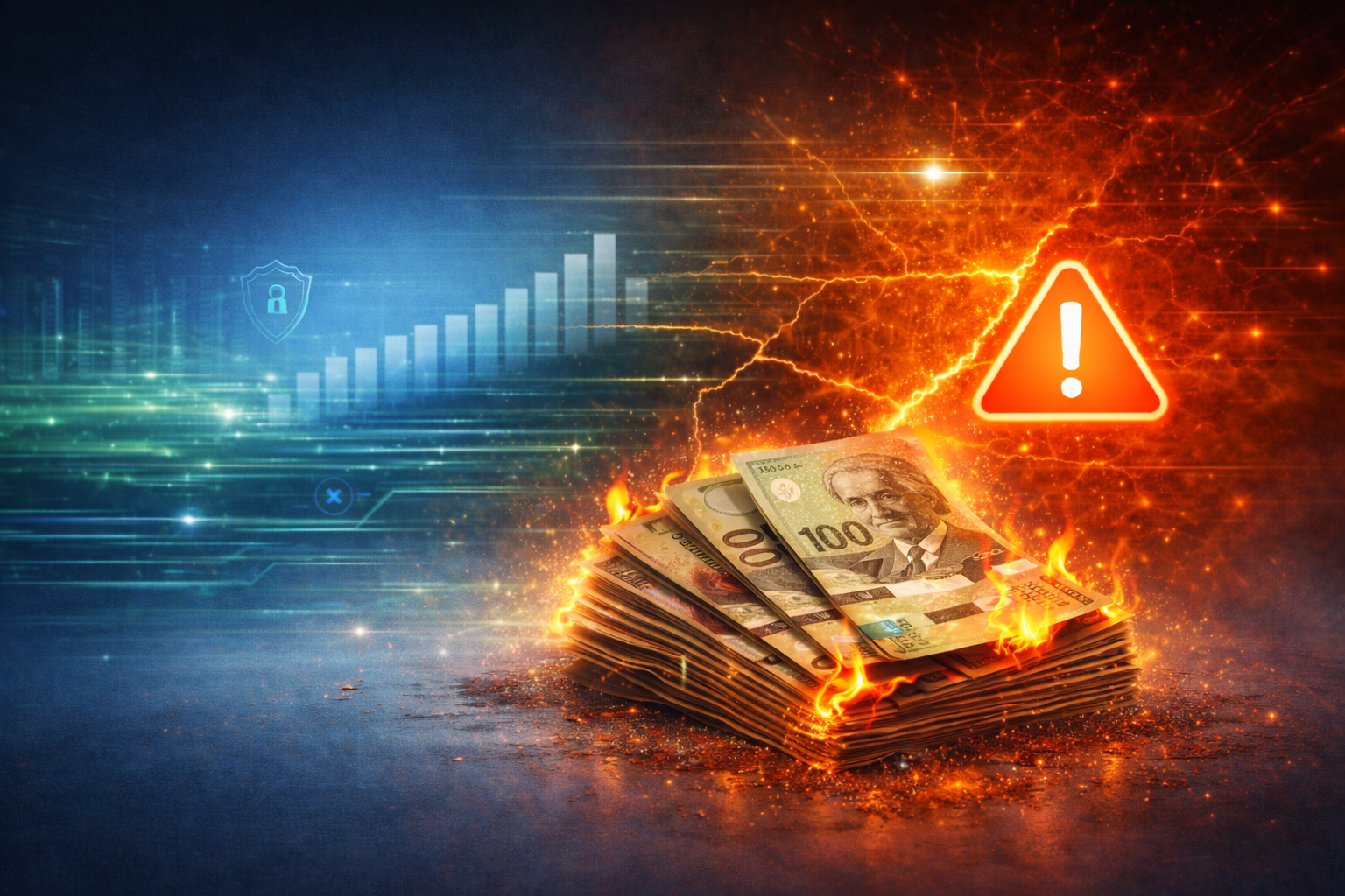 Burning stack of cash beside a warning symbol, representing the hidden costs of IT issues