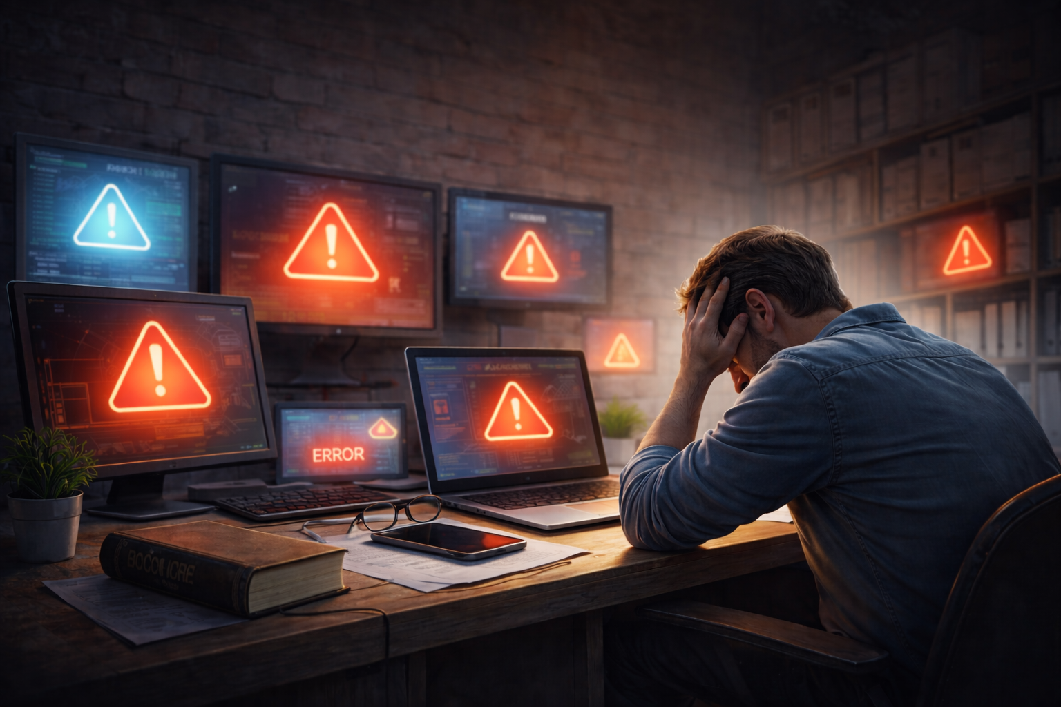 Business professional sitting at a desk with multiple computer screens showing warning symbols, representing hidden IT issues that slowly build and disrupt operations.
